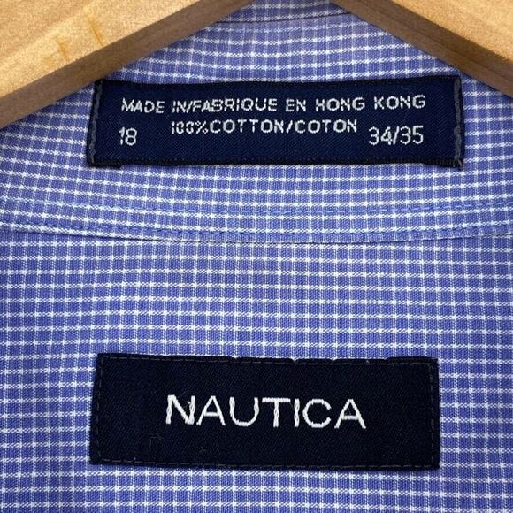 Nautica Shirt Mens 18 Blue Check Button Up Long Sleeve Casual Cotton Collared - Picture 2 of 11